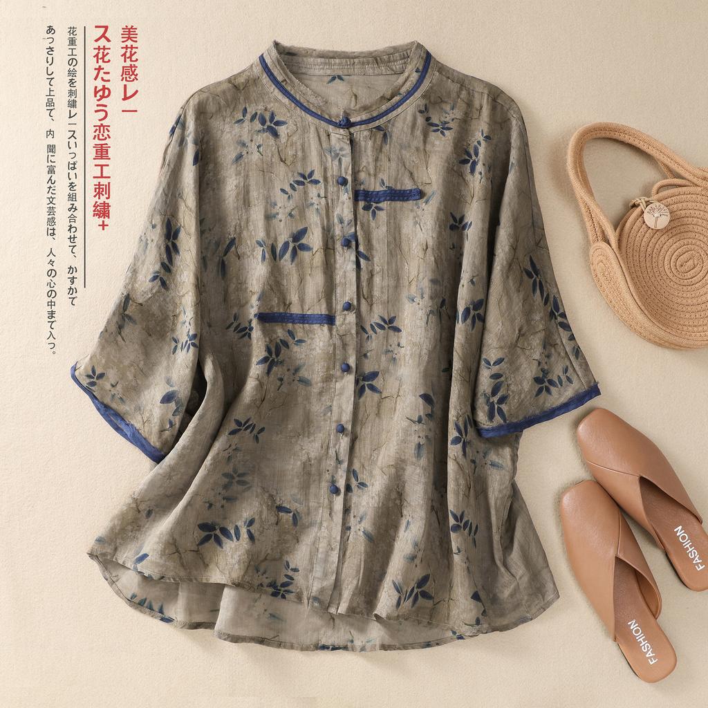 2025 summer new printed cotton and linen shirt women's loose large size round neck five-quarter sleeve thin floral cardigan top
