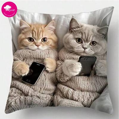 Colorful Bohemian Short Plush Pillowcase 45x45cm Adorable Kitten Living Room Bedroom Decor (Pillow Insert Not Included)