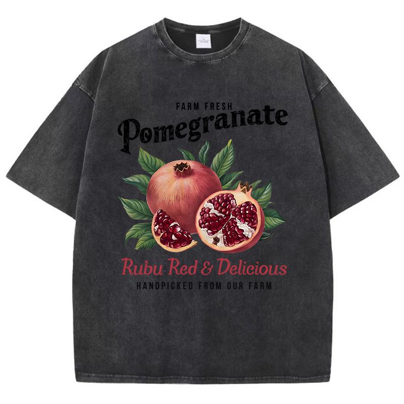 Bright Pomegranate Prints Washed T Shirt Women Cotton Oversize TShirts Distressed ONeck Comfortable Tops Summer Woman Clothes