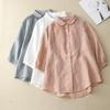 2025 Summer New Seven-quarter-sleeved Polo Neck Cotton and Linen Shirt Women's Retro Organ Pleated Solid Color Cardigan Top