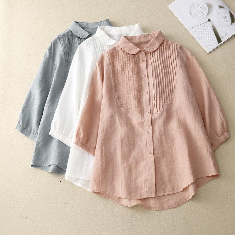 2025 Summer New Seven-quarter-sleeved Polo Neck Cotton and Linen Shirt Women's Retro Organ Pleated Solid Color Cardigan Top