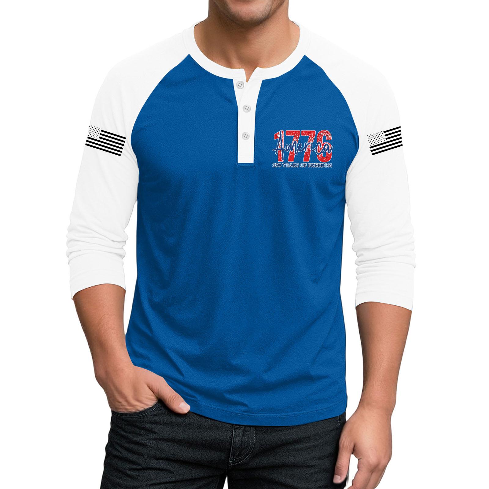 

Men Henley Neck Raglan Sleeve Shirt 1776 Printed Graphic Top Casual Loose Fit Lightweight Three Quarter Sleeve Tee XXL