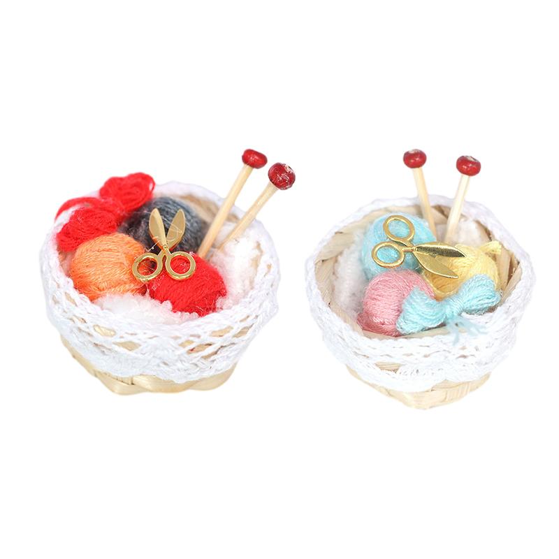 1:12 Dollhouse Miniature Bamboo Basket Braided Yarn Ball Needle Balls Scissors Sweater Knitting Implement Basket Model Home Decor