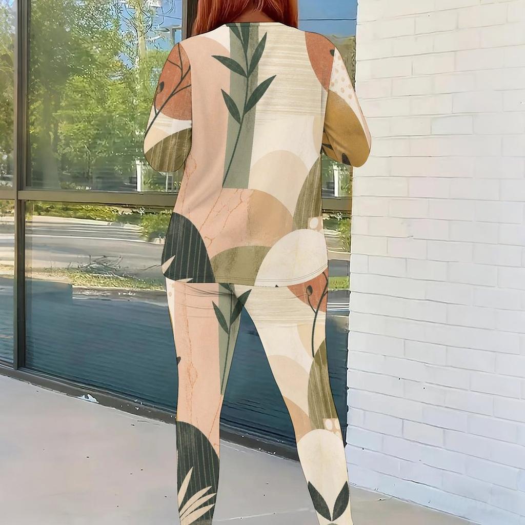 Women Plus Size Beige Green Printed Two Piece Set Round Neck Long Sleeve Top And Fitted Pants