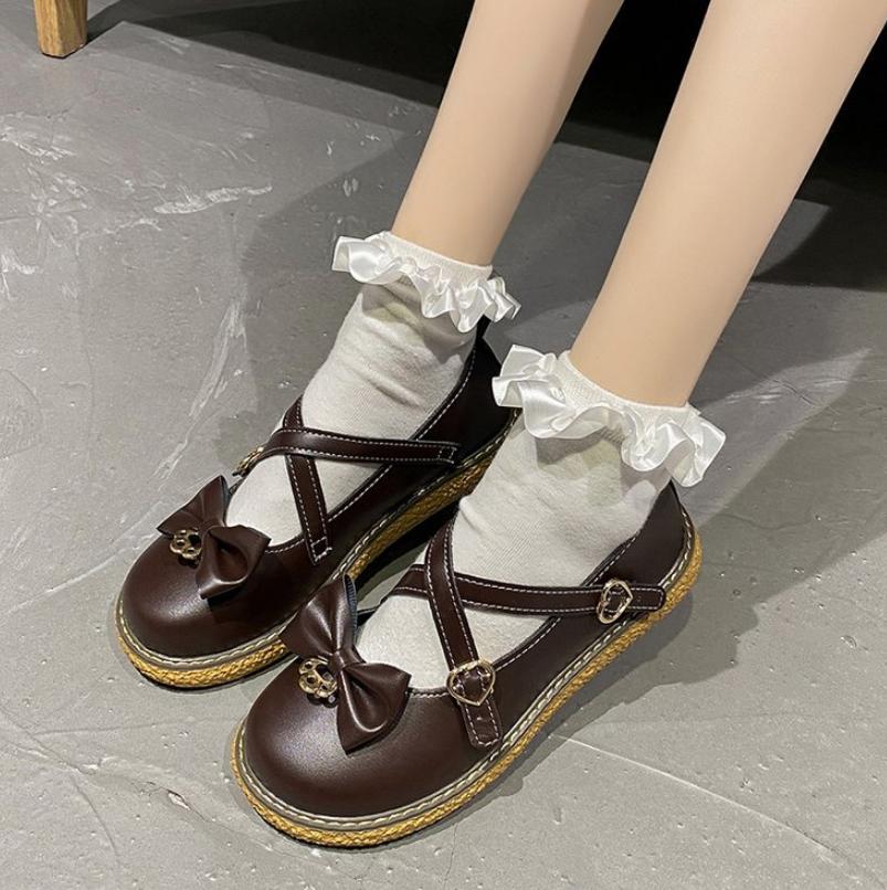 2025 Spring Autumn High Quality Women Lolita Shoes Fashion Round Toe Medium Heel Bow Knot One-Word Buckle Ladies Mary Jane Shoes