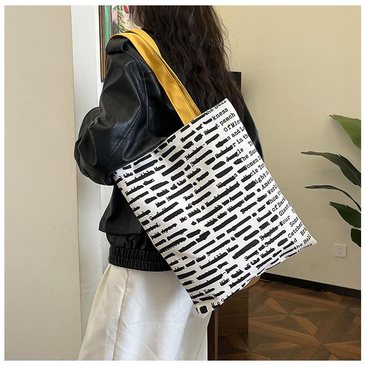 Bottom-free side full version text pattern printing super soft canvas tote bag shoulder messenger bag