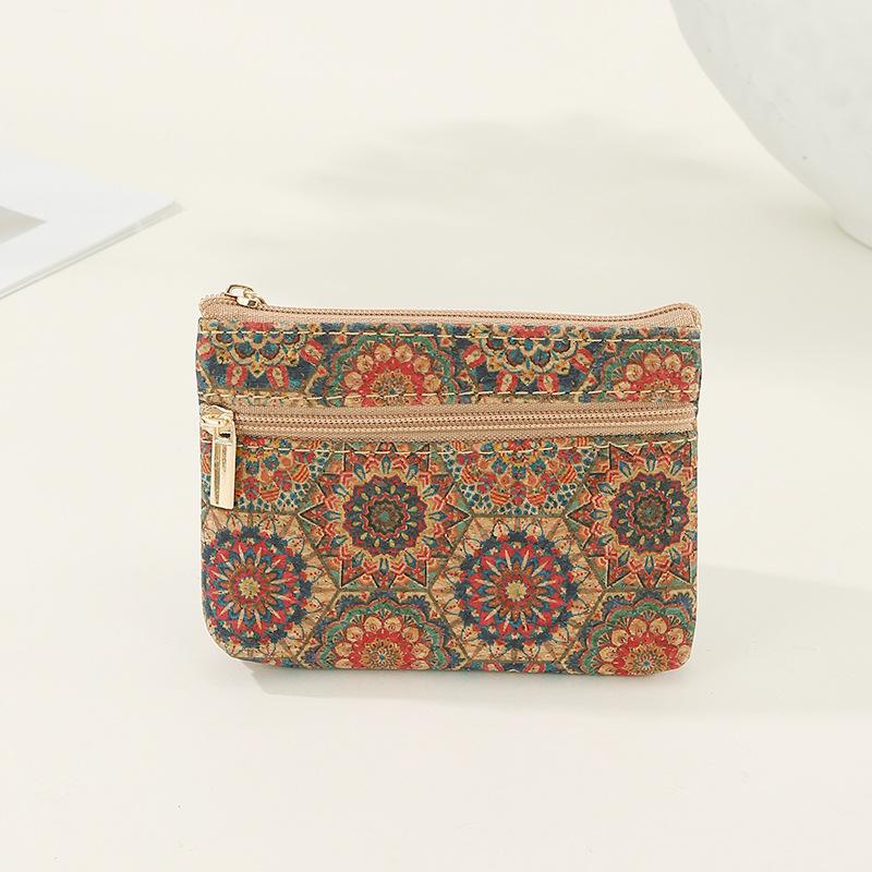 Fashion Cork Coin Purse Ethnic Style Double Layer Zipper Money Bag Luxury Retro Clutch Pocket Wallets
