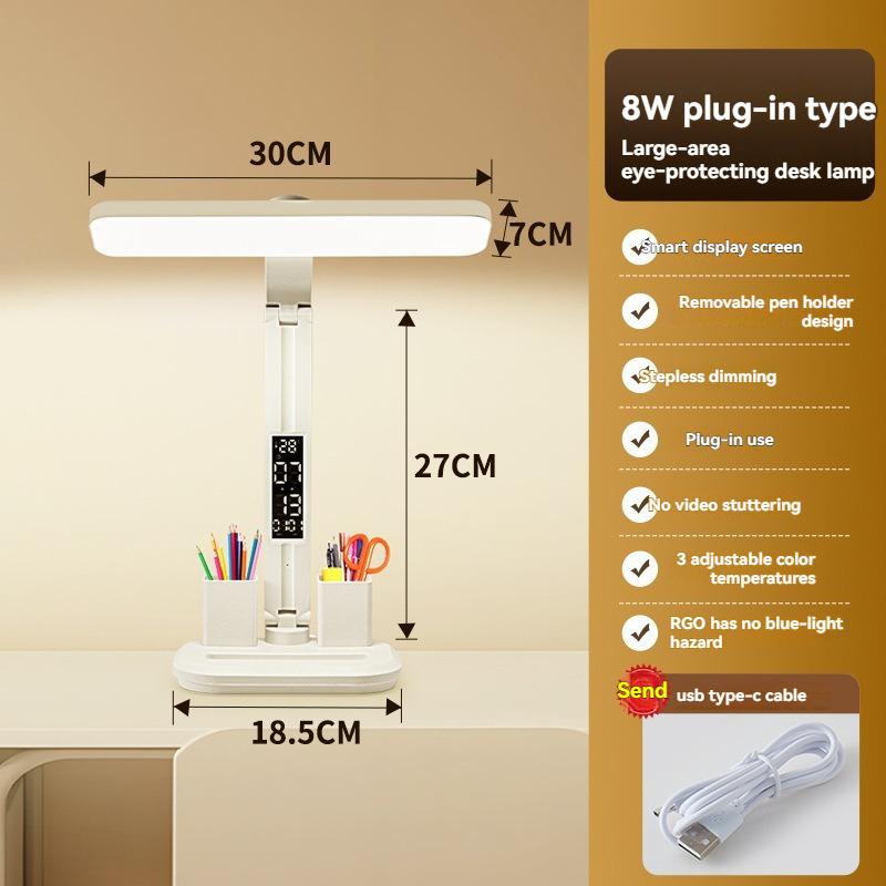 LED Desk Lamp with Digital Clock, Dimmable Eye-Caring Light with Pen Holder, USB Charging for Study, Home