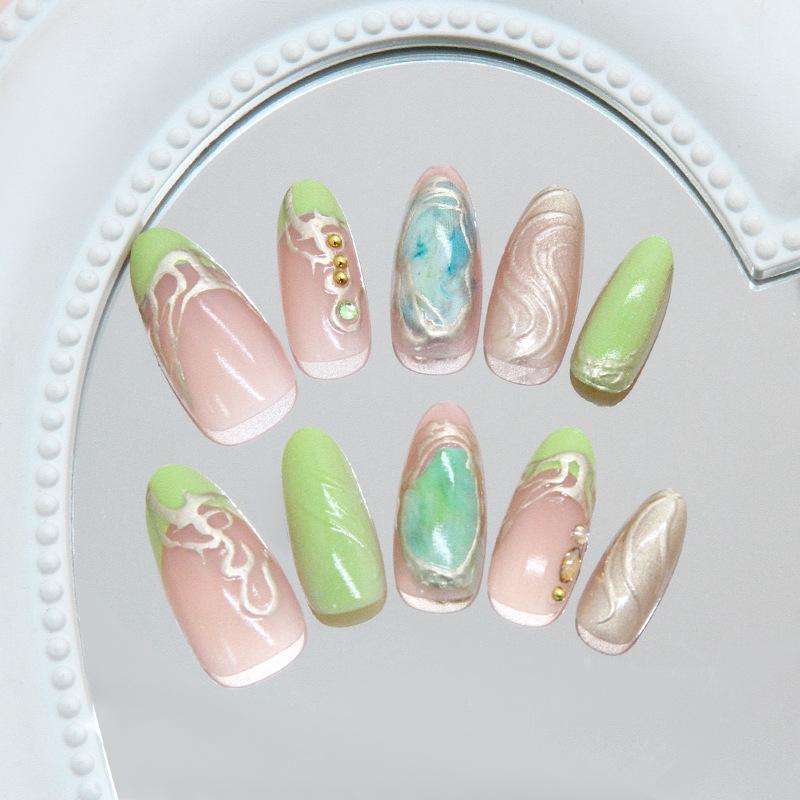 Stereo Qingti Green French Irregular Gilt Flash Diamond Sweet European and American Style Removable Nail Art Tablets 30 pieces