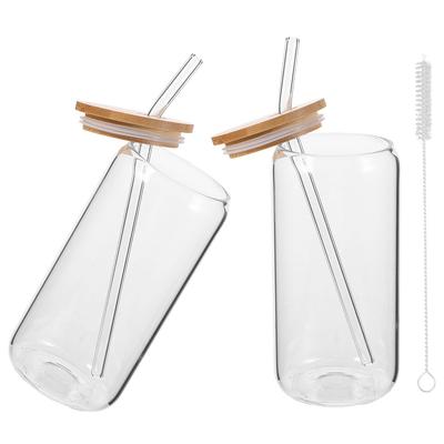 Glass Tumbler with Lid and Straw Clear Can Shaped Drinking Bottle Reusable Juice Cup for Coffee Tea Drinkware Glass Mug
