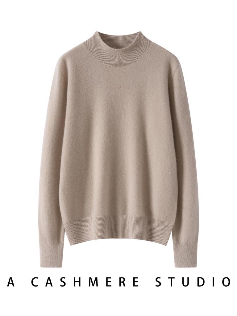 Women's Pure Cashmere Long-Sleeve Round Neck Pullover Sweater - Warm, Soft, Solid Color Base Layer