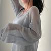 Spring Summer Long Sleeved Knitted Sunscreen Shirt See Through Retro Casual Simple Loose Hollow Out Thin Blouse V Neck Solid Color Top Clothing