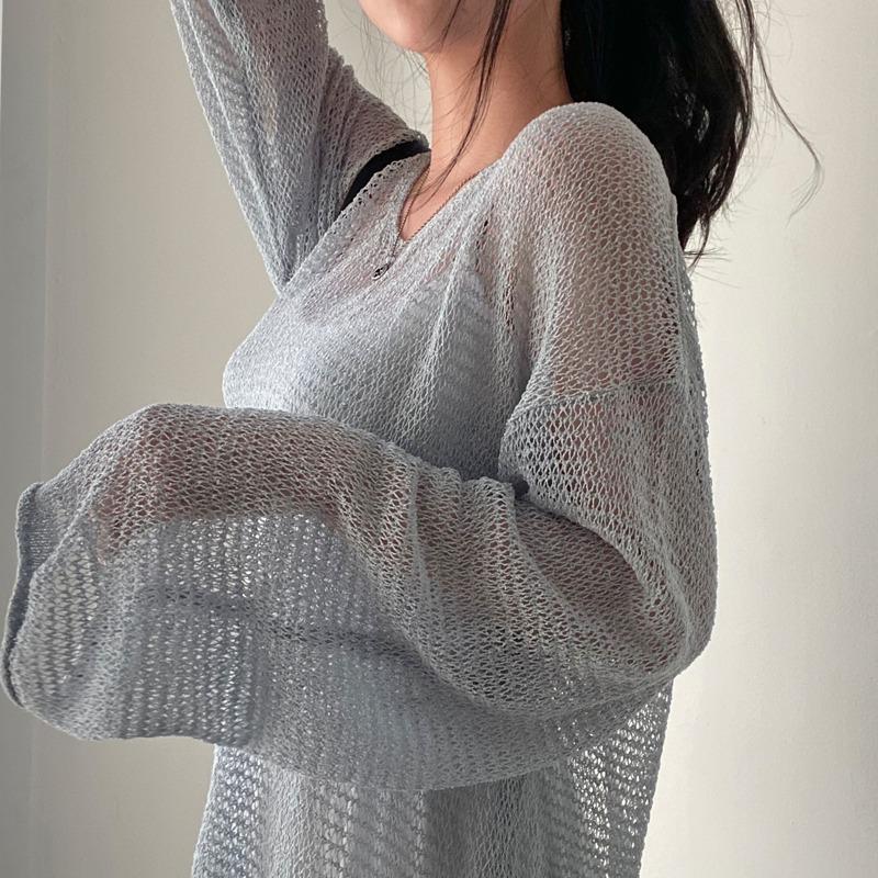 Spring Summer Long Sleeved Knitted Sunscreen Shirt See Through Retro Casual Simple Loose Hollow Out Thin Blouse V Neck Solid Color Top Clothing