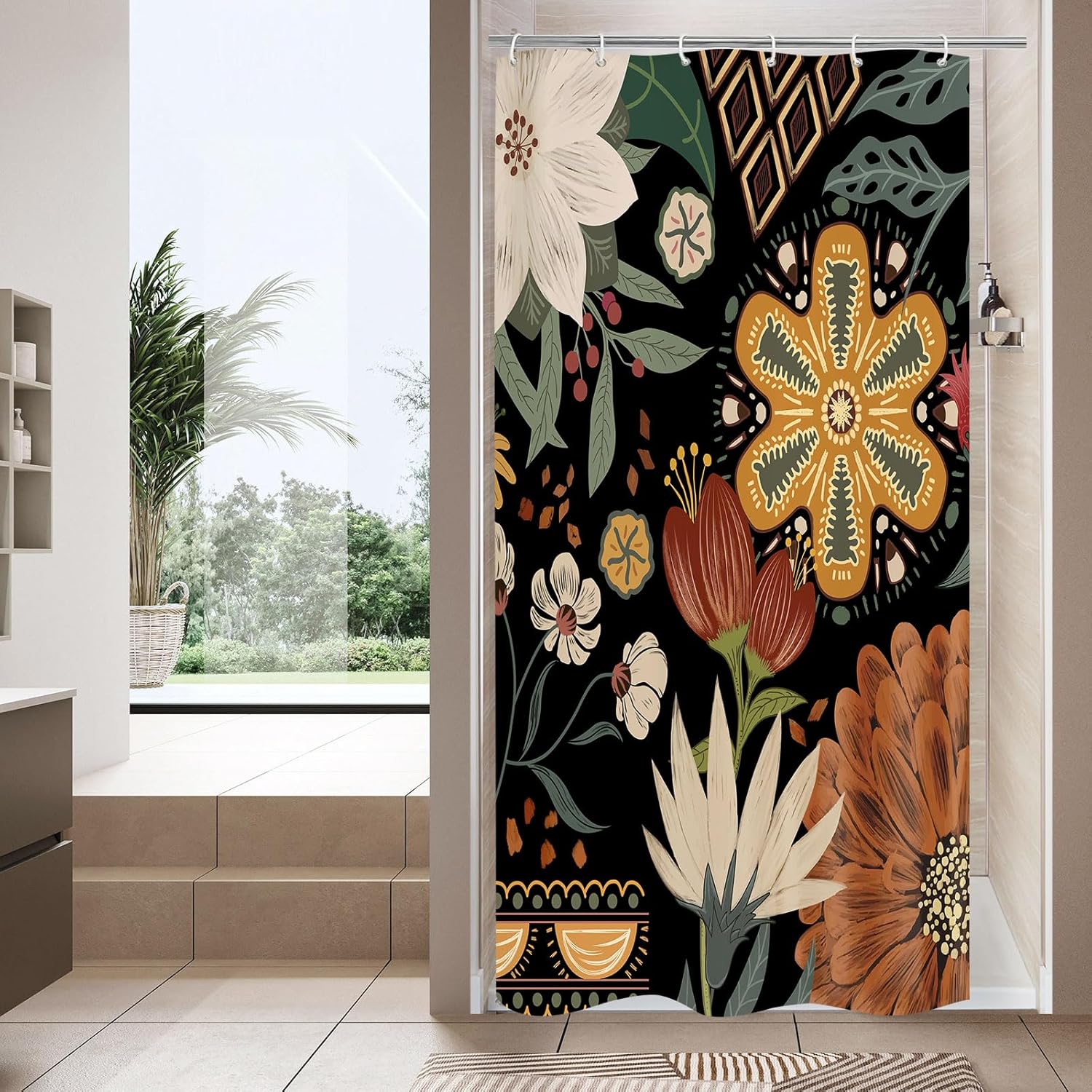 

Boho Floral Shower Curtain, Tropical Leaves Fabric Cloth Shower Curtains For Chic Elegant Bathroom Decor, Modern Curtain W60H190(CM)-1 Pcs