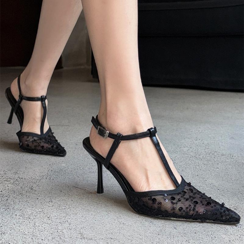Fashion Sexy Pointy Toe Mesh Heeled Sandals Women Luxury Bling Decorated High Heels Elegant T-Strap Ankle Strap Buckle Party Dress Shoe