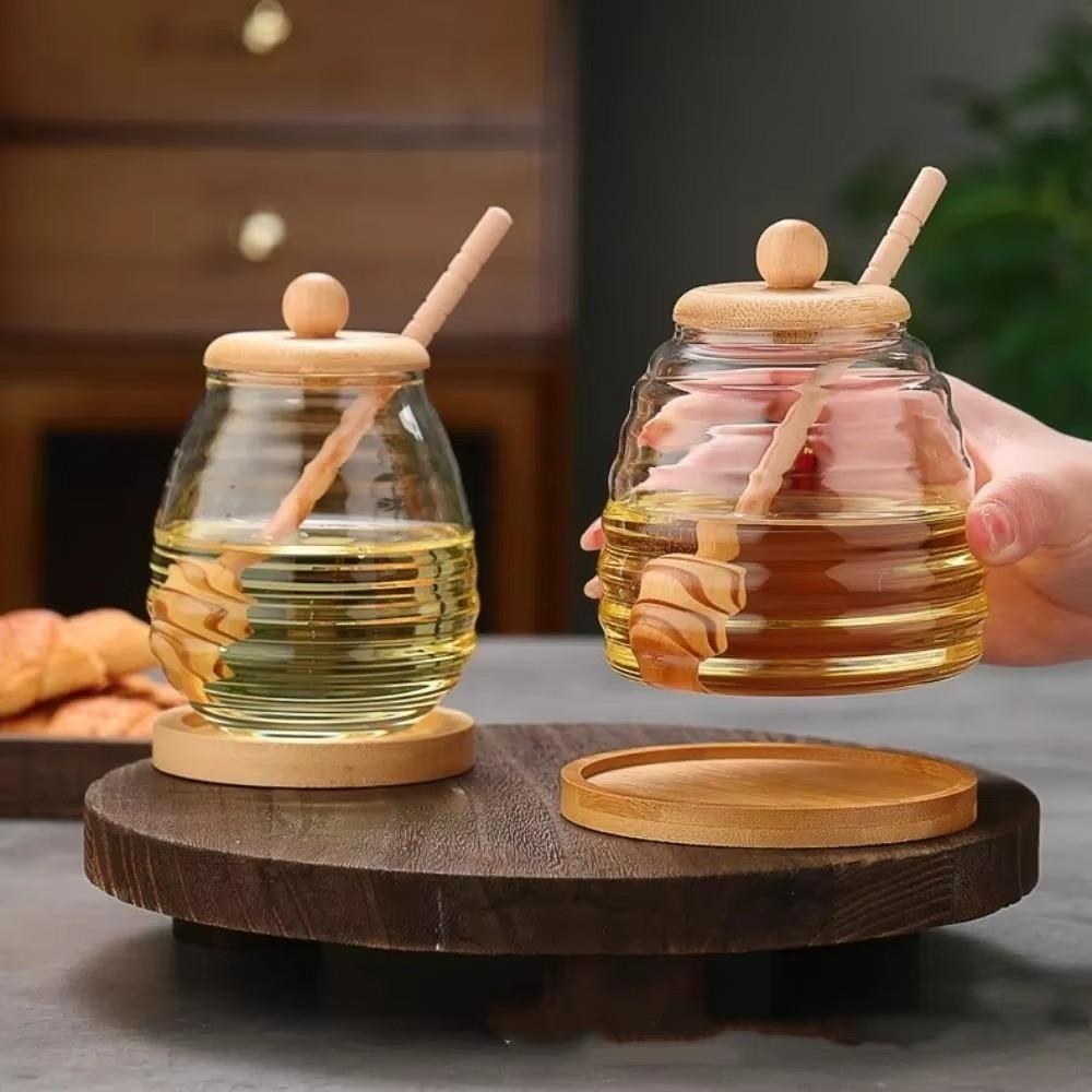 Transparent Glass Honeycomb Tank with Dipper and Lid 280/400/500ml Honey Bottle Elegant Easy To Clean Honey Storage Container