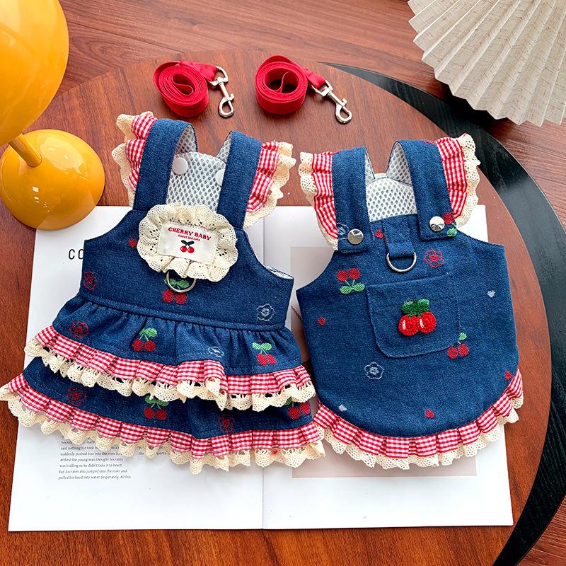 Spring and Summer Denim Cherry Backed Dress Dog Dress Pet Clothes Cat and Dog Accessories