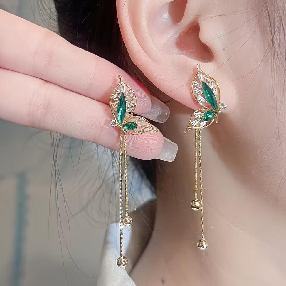 2 Pcs Luxury Green Butterfly Tassel Dangle Earrings  - Pendant, Fashionable, Versatile Party Jewelry Accessories, Elegant Design and Shiny Details