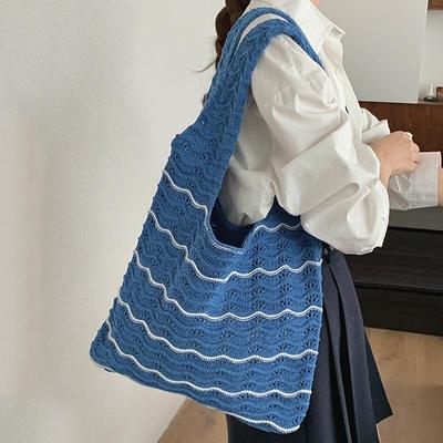 Knitted Large Capacity Stripe Pattern Crochet Tote Bag Beach Vacation Women's Hollow Shopping Shoulder Bags