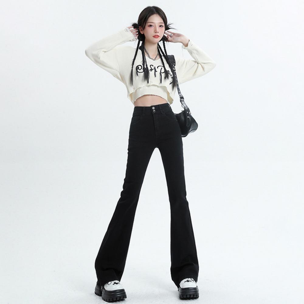 

Niche double-buckle micro-flared jeans for women s autumn and winter high-waisted, thin and tall, Spice girl mopping floor horseshoe jeans XL чёрный