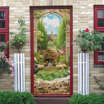 Flowers Door Stickers Self Adhesive Landscape Door Decoration Decals Waterproof DIY WallpaperGreen Tree Castle Mural