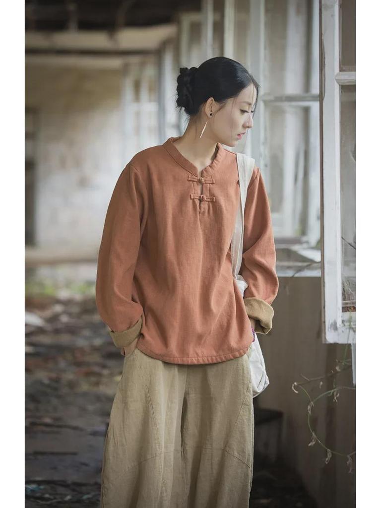 Dámská retro umělecká košile z bavlny a lnu: Jaro/Léto, S plusovým sametem, Tričko na knoflíky