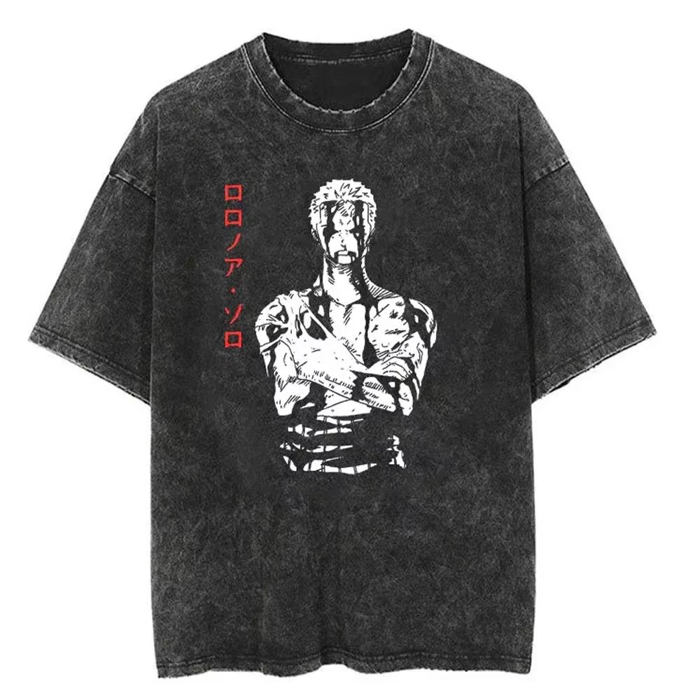 Anime ONE PIECE Zoro Harajuku Retro Vybledlé Tričko Bavlna Pánské Streetwear Oversized Dámský Krátký Rukáv