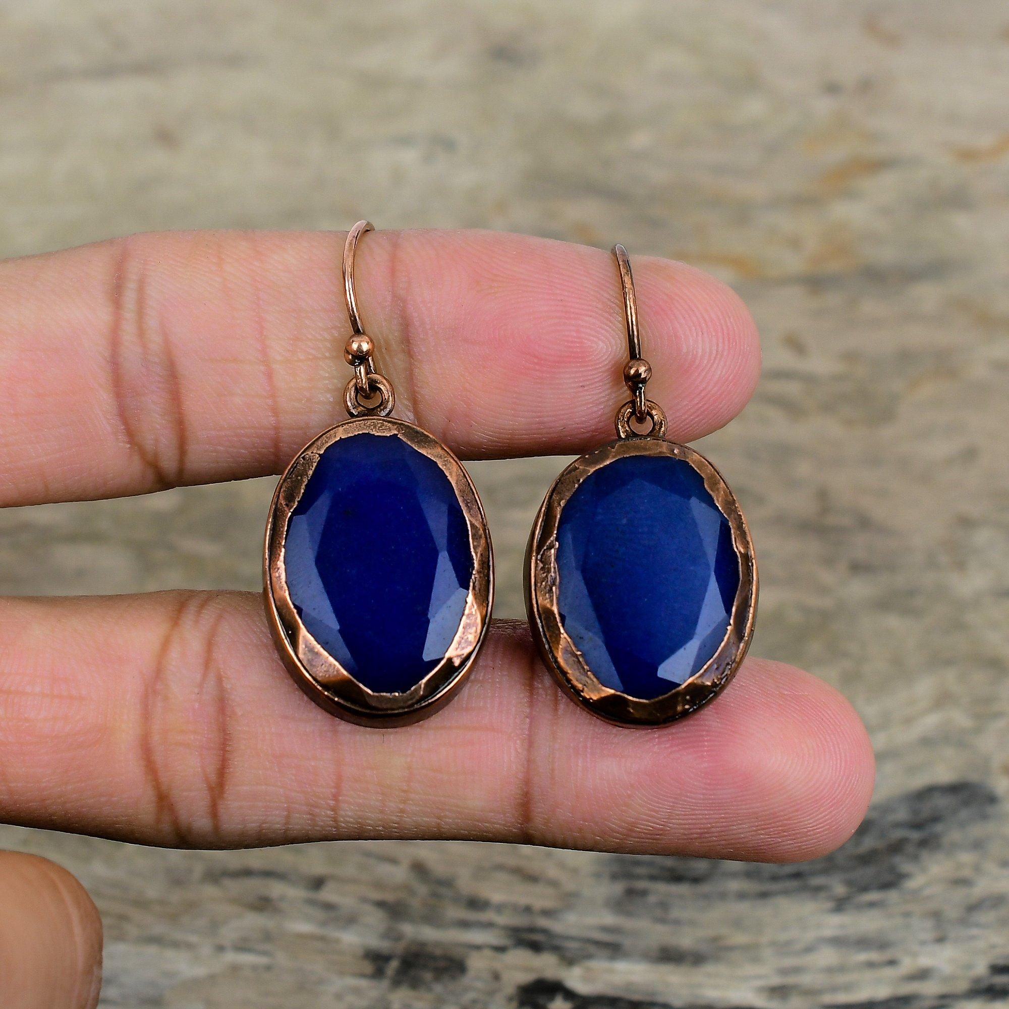 

Серьга с ограненным синим сапфиром, серьги из электроформованной меди, украшения из драгоценных камней ручной работы, уникальные серьги, электроформованные украшения, подарки на помолвку