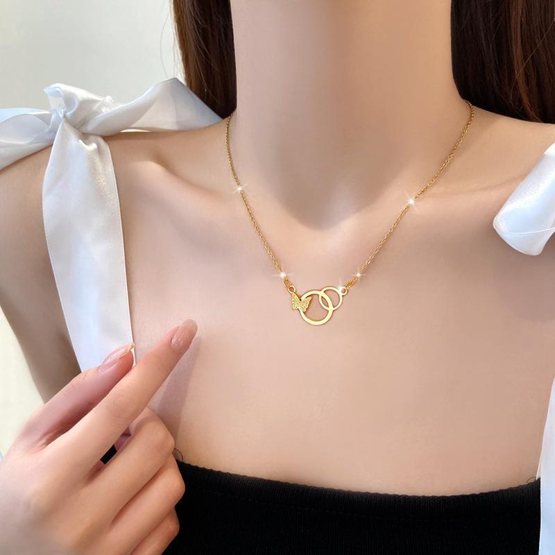 Titanium Steel Double Ring Butterfly Temperament Personality Minimalist Furnace Real Gold Necklace Female Collarbone Chain