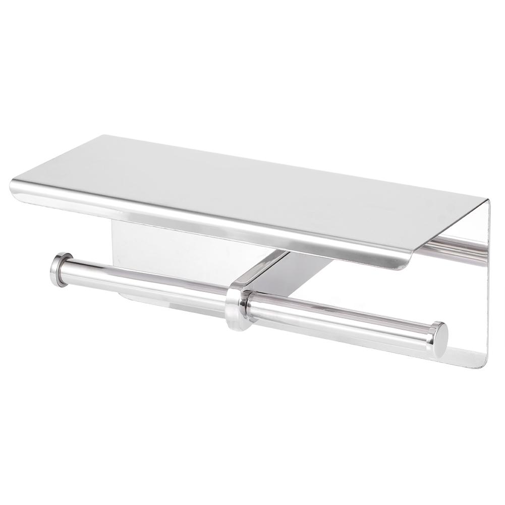 Double Toilet Paper Holder Stainless Steel Paper Rack Phone Storage Shelf Bathroom Use