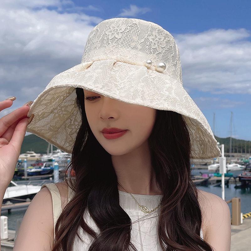 Korean Wide Brim Lace Flower Pearl Fisherman Hat for Women - Spring/Summer UV Protection