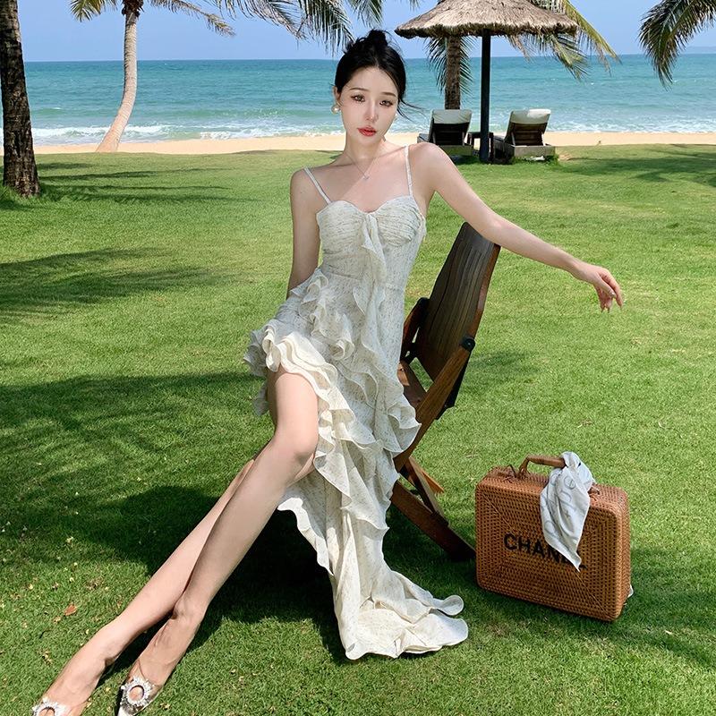 Smart Romantic Vacation Fairy Long Dress Three-dimensional Cut Irregular Layering Ruffle Edge Sexy Suspender Dress