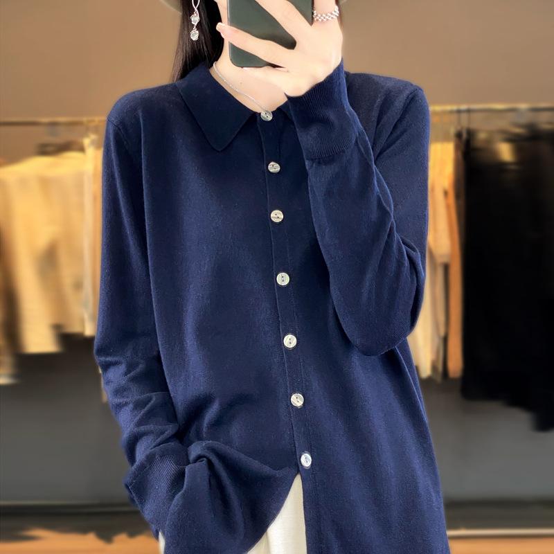 Toamnă și iarnă nou pulover cardigan tricotat cu guler de cămașă lână pieptănată, cămașă cu rever polo cu jachetă deasupra, pentru femei