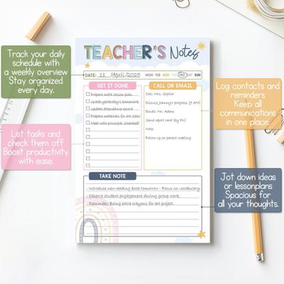 Bohemian Rainbow Teacher Notepad Gratitude Gift with To-Do Lists Contact Log & Notes Section Inspirational Planner for Educators