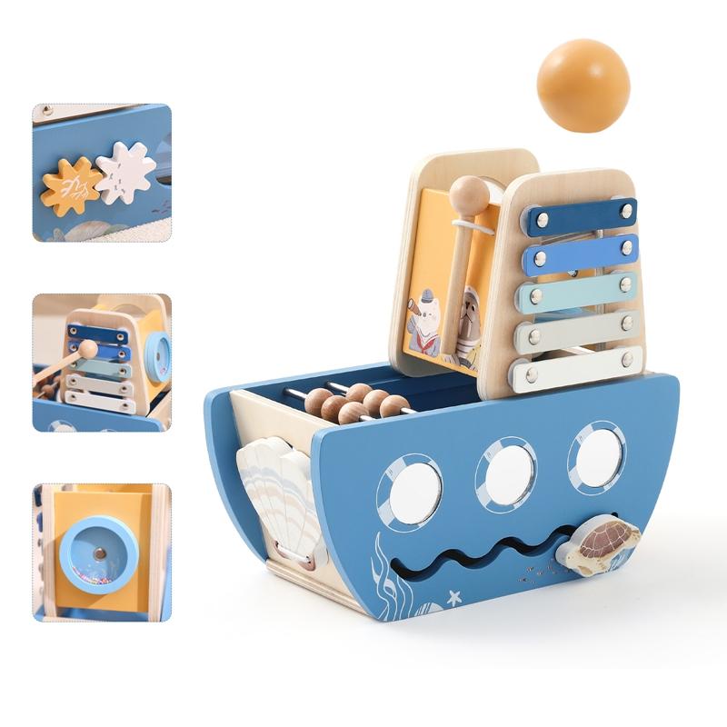 Baby Wooden Montessori Toys Cartoon Wooden Ship Multi-function Game Music Percussion Toy Sensory Educational Toys for  Newborns