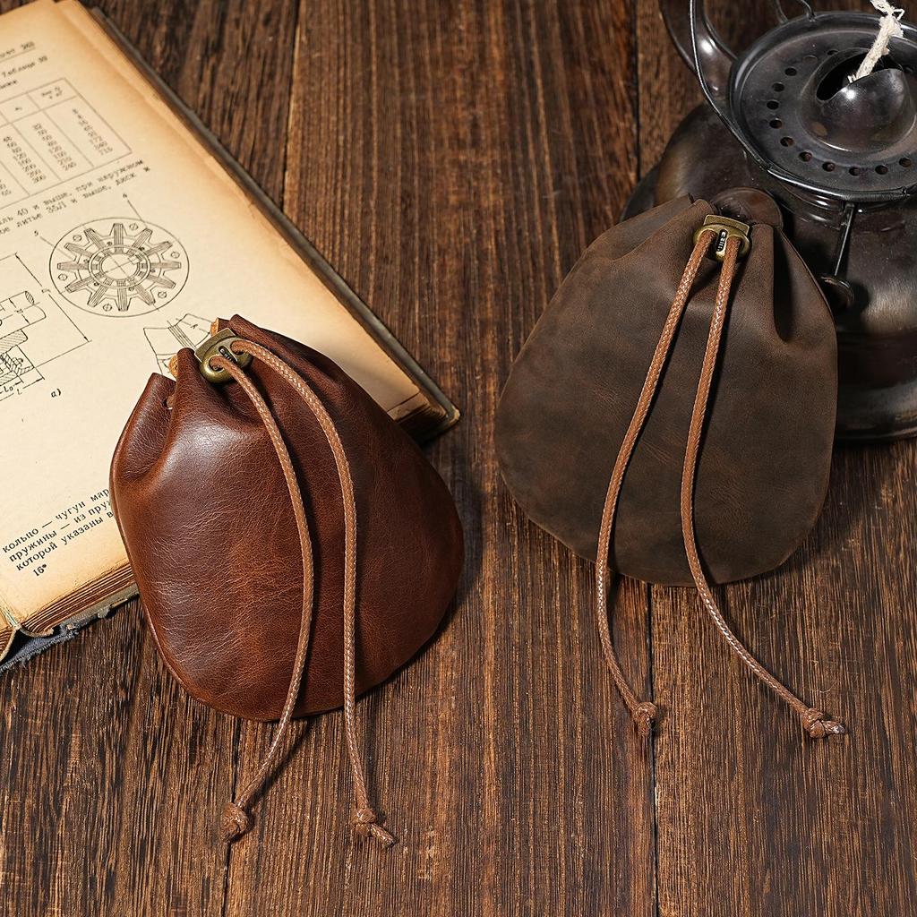 Retro Crazy Horse Leather Coin Purse: Genuine Cowhide Drawstring Bag for Jewelry, Cards, and Keys