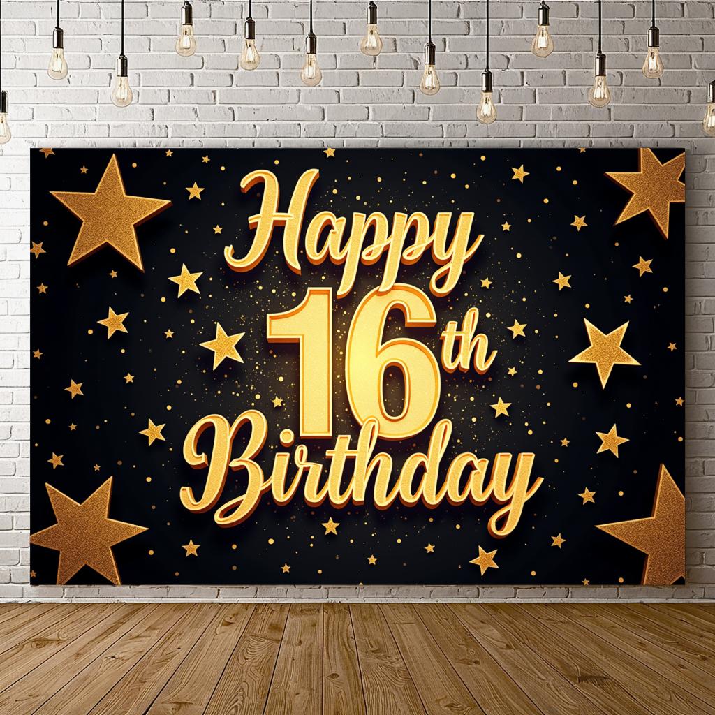 Złoty Motyw Znak Happy Birthday Baner Urodzinowy Dekoracja na 16. Urodziny do Wnętrz tło do zdjęć