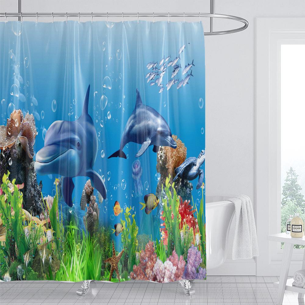 1PC Dolphin Shower Curtain Blue Ocean Biological Polyester Fabric Children's Ocean Theme Bathroom Decoration Shower Curtains