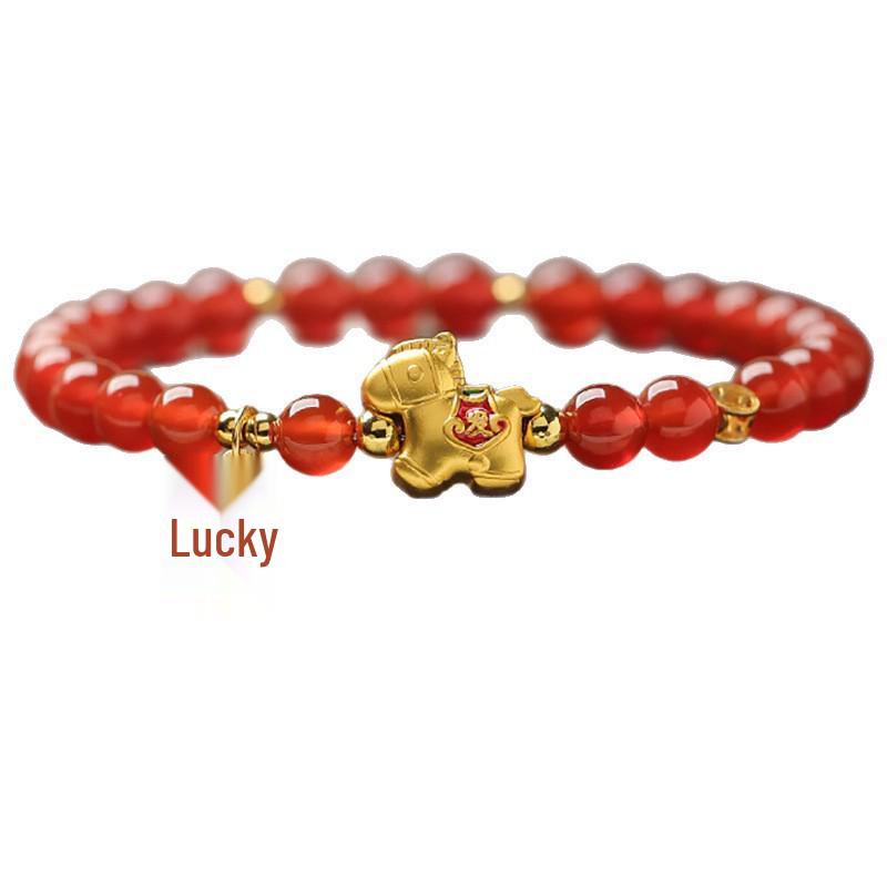 Natural Red Agate Horse Zodiac Bracelet for Women - 2026 New Style with Sand Gold Accents