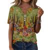 Women's Casual Floral Print V-Neck Short Sleeve T-Shirt Top with Decorative Buttons for Everyday Wear