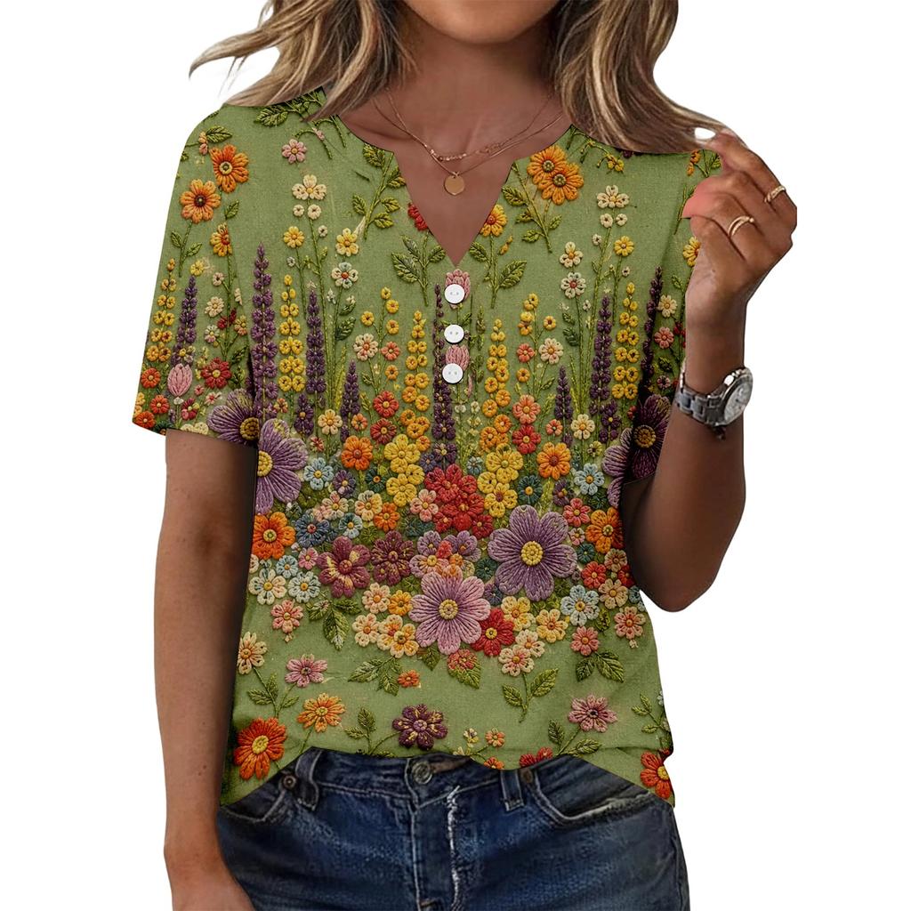 Women's Casual Floral Print V-Neck Short Sleeve T-Shirt Top with Decorative Buttons for Everyday Wear