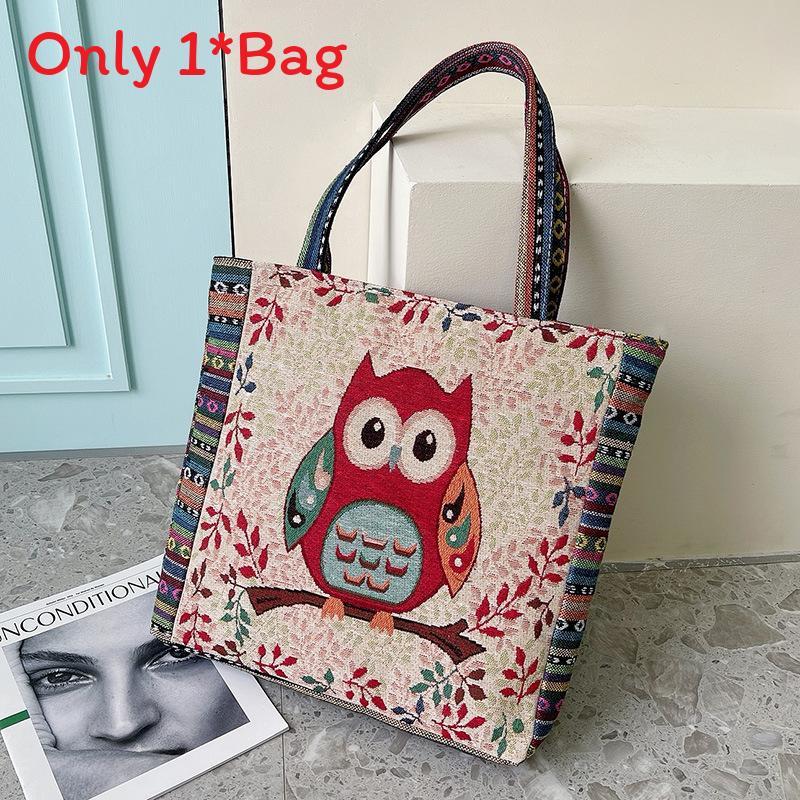 Canvas Embroidered Owl Tote Bag With Zipper Closure For Daily Use