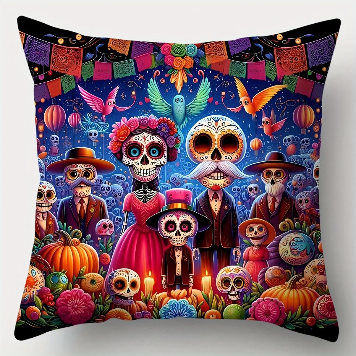 Mexican Holiday Pillow Covers with Skull Pattern Mexican Day of the Dead Pillowcase OneSided Print Zipper ClosurePolyester 30x30cm