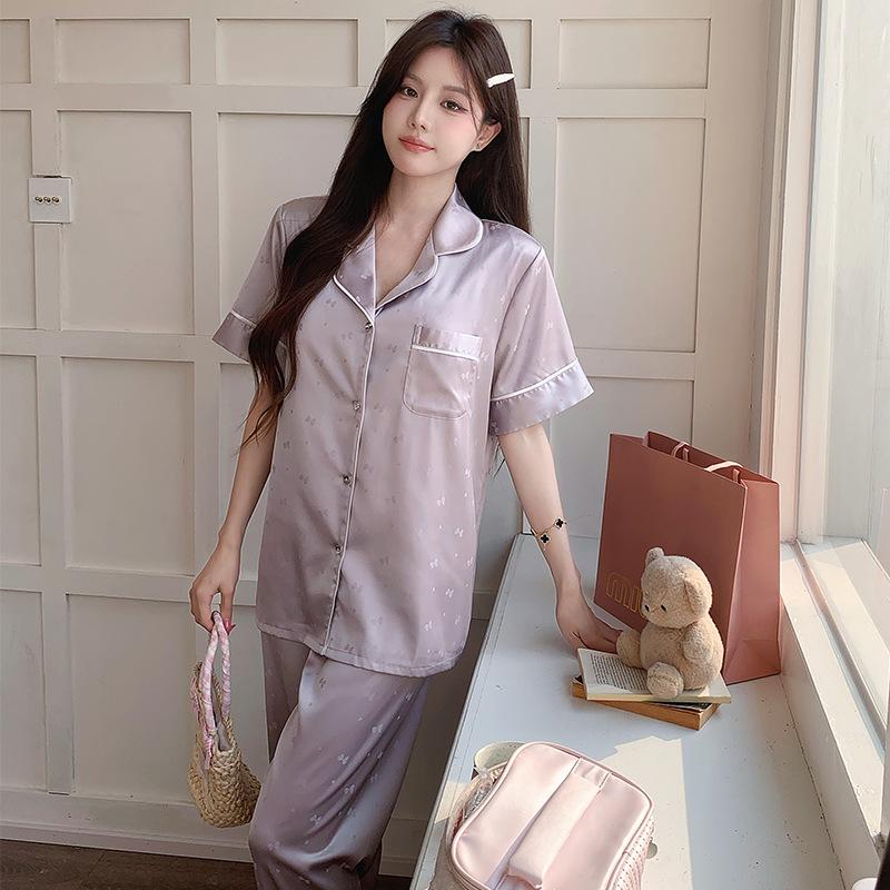 Women s Ice Silk Pajamas: Summer Short Sleeve & Long Pants Set, Yarn-Dyed Jacquard Lapel, Versatile for Indoor or Outdoor Wear, Silk-Like Fabric L