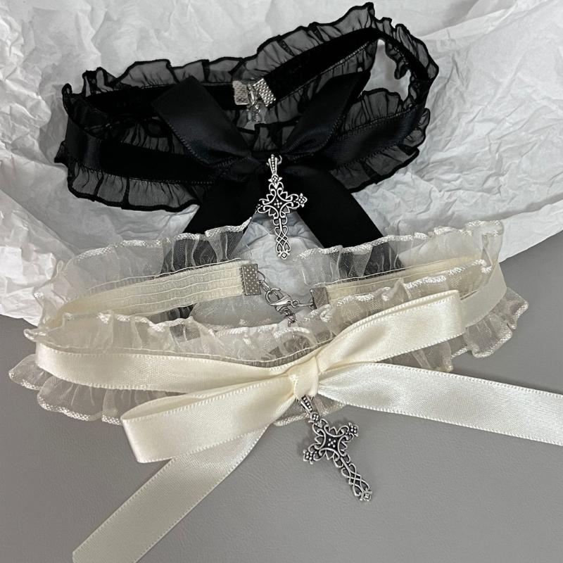 Black White Lace Necklace Ribbon Bow Gothic Cross Pendant Collar For Women Girls Sweet Lolita Jewelry 2026 New Choker