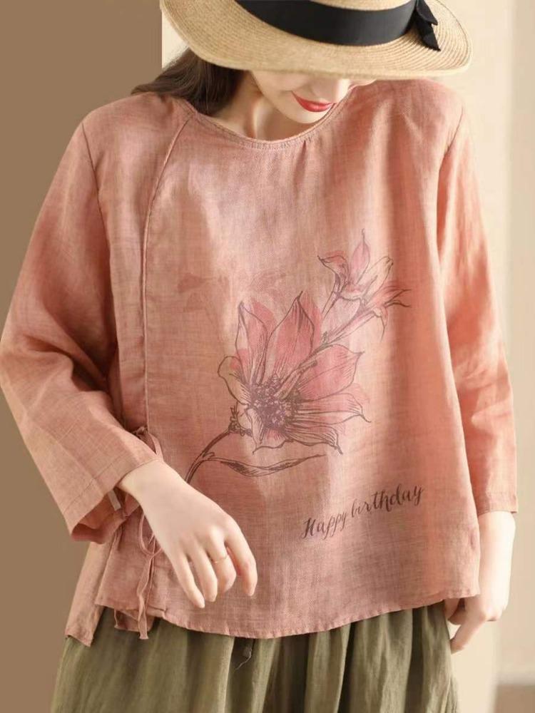 Vintage Floral Print Bandage Tops Women Blouses Chinese Style Seven Sleeve Spring Loose Shirts