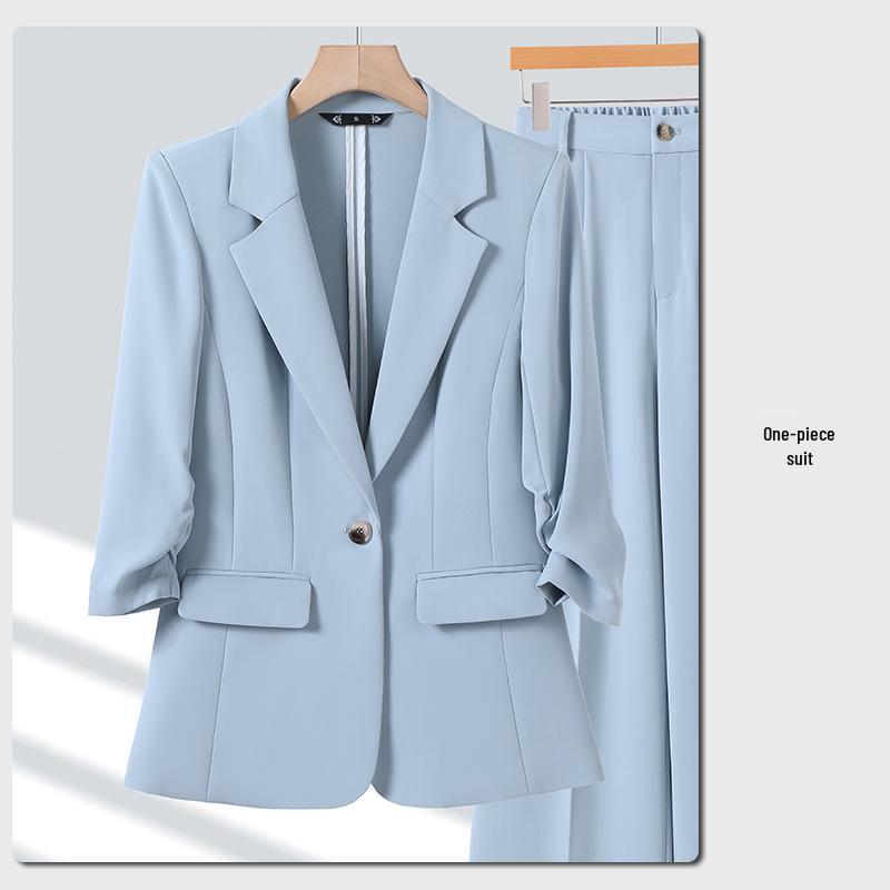 Women's Elegant Wrinkled Seven-Sleeve Blazer Suit with Wide-Leg Pants - Thin Style 2026 Spring/Summer Collection