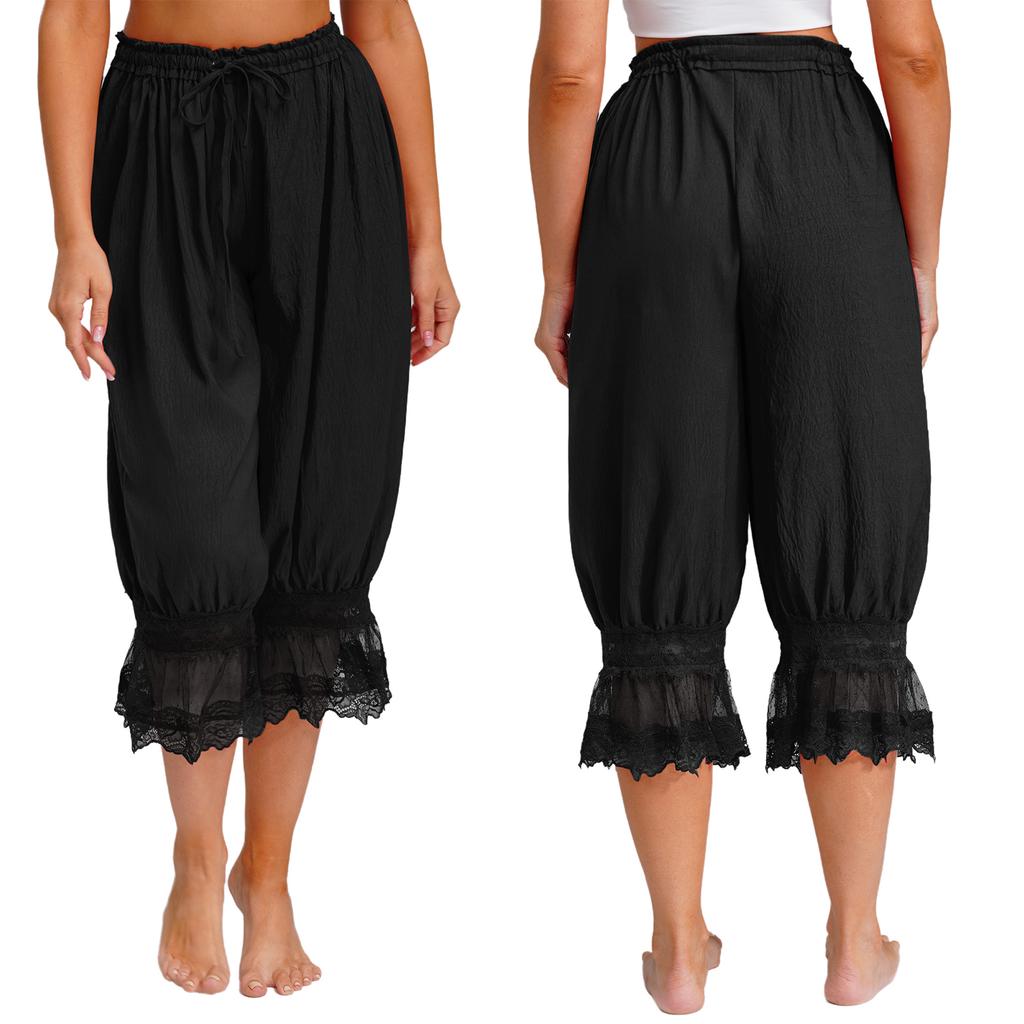 S-L Women's Lace Trim Bloomers: Versatile Midi Harem Pants with Drawstring, Loose Wear & Medieval Pirate Costume