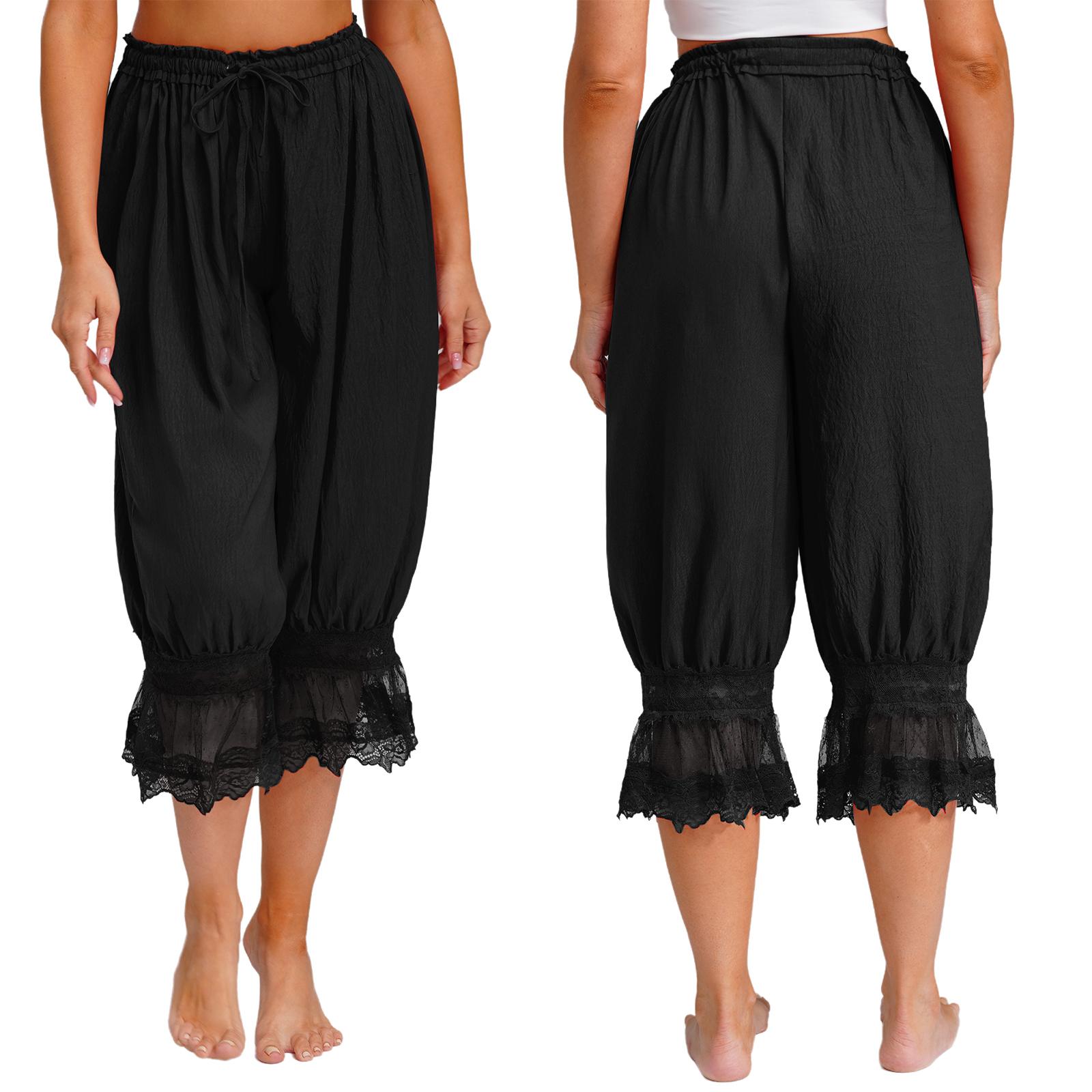 

Comfy Drawstring Bloomers for Women S-L: Lace Trim Midi Pants, Elastic Waist Loose Fit for Yoga, & Themed Parties S чорний
