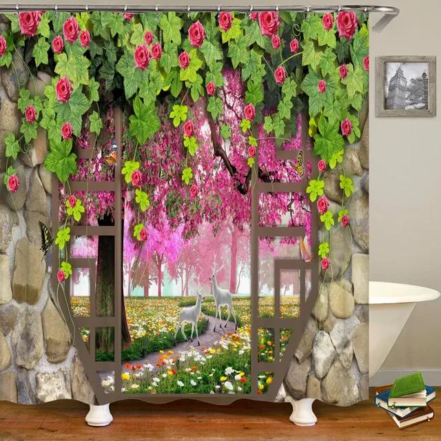 

3D печатная занавеска для душа в европейском стиле с сельским садом и цветами, водонепроницаемая занавеска для ванной комнаты с крючком, домашний декор, занавески W120xH180cm